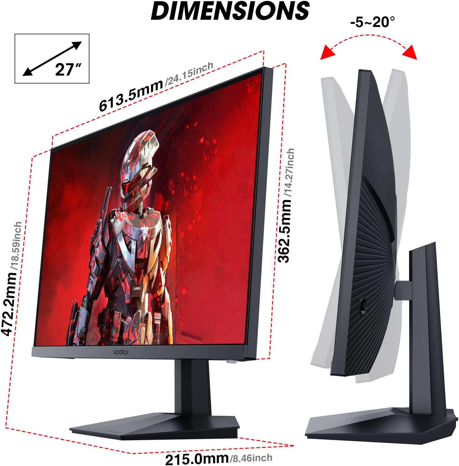 Buy KOORUI 27-Inch Gaming Monitor, HDMI 2.0 x 2,Display port 1.4, Audio Interface GN02